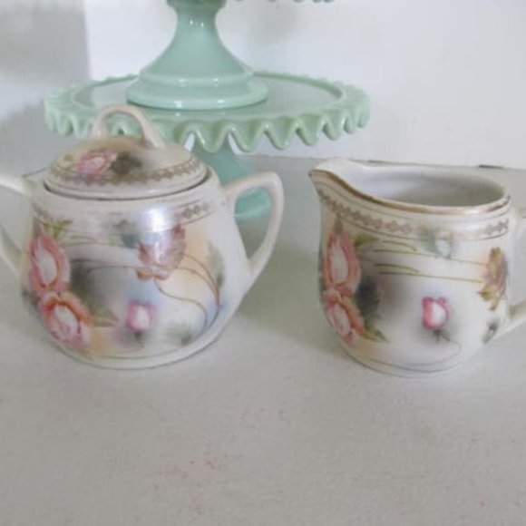 Lovely Sugar & Creamer set Rose Pattern Pastel Decor Coffe Bar Decor Pink Roses - Picture 2 of 5